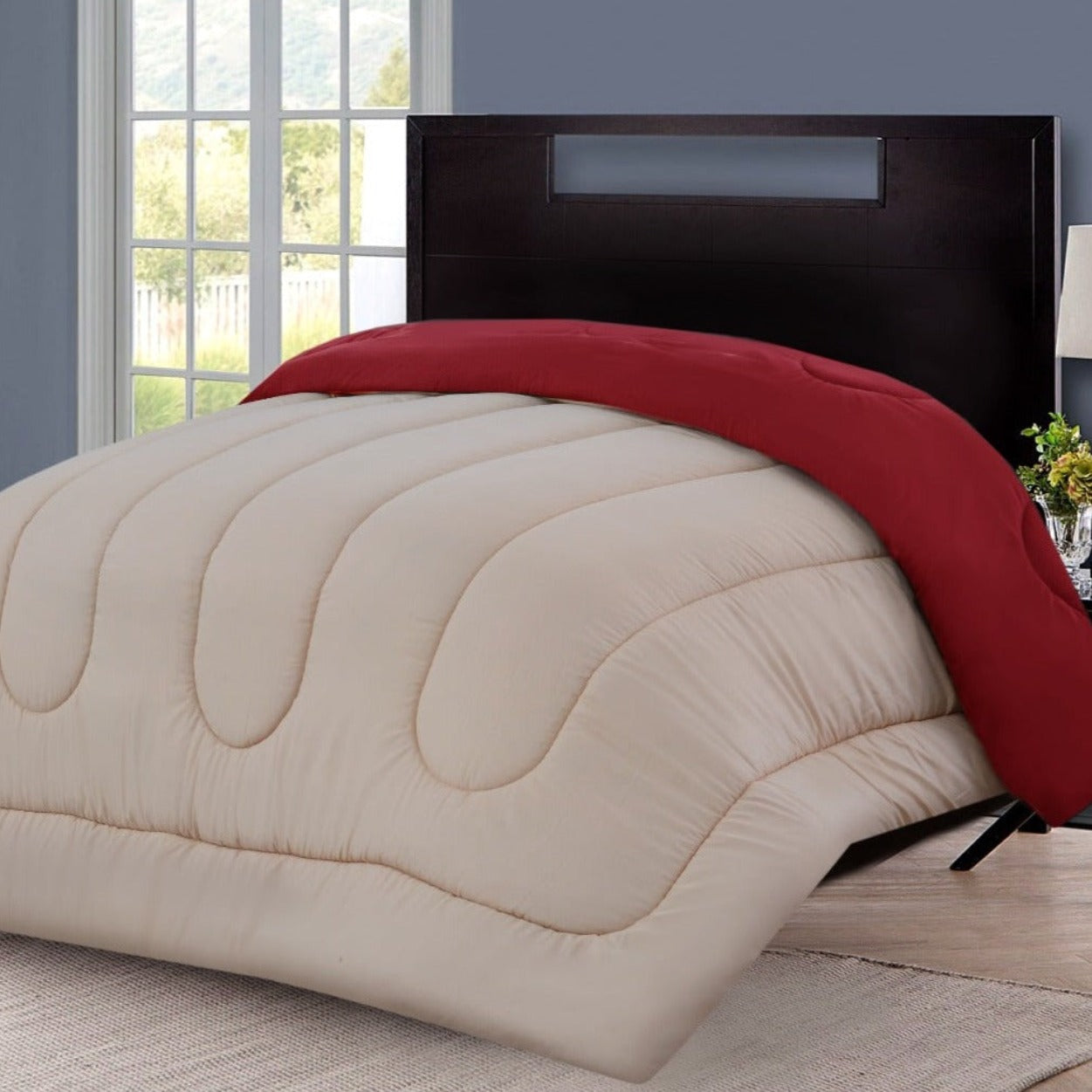 1 PC Double Winter Comforter-Maroon Over Beige Comforters Apricot