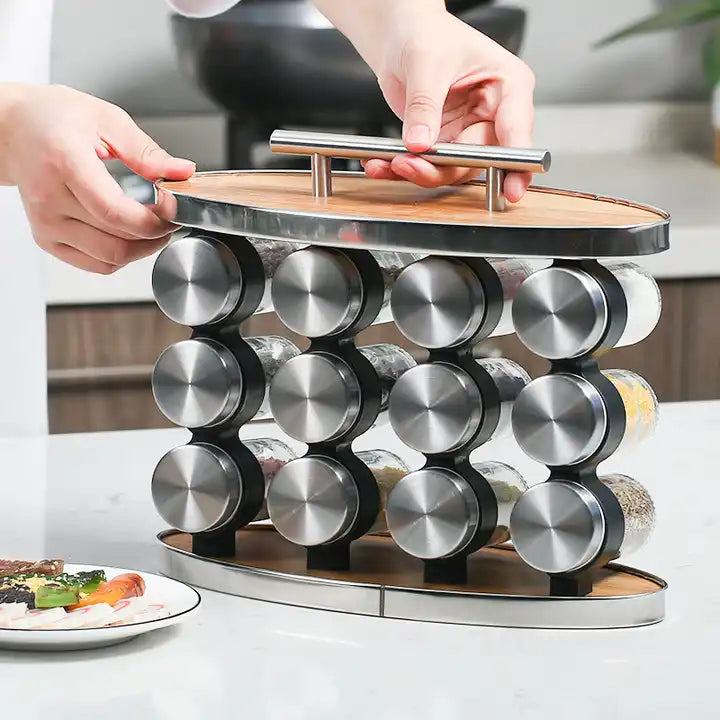 16 PCs Portable Spice Jar with13933 Wooden Stand Spice and sugar Jar Apricot