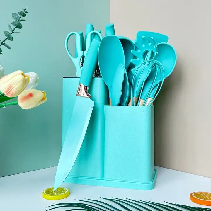 19 PCs Silicon Cooking & Knife Set With Board-Light Green cooking set Apricot