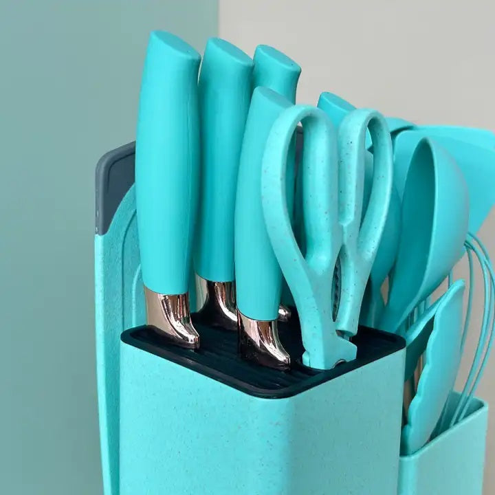 19 PCs Silicon Cooking & Knife Set With Board-Light Green cooking set Apricot
