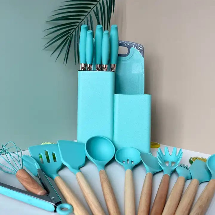 19 PCs Silicon Cooking & Knife Set With Board-Light Green cooking set Apricot