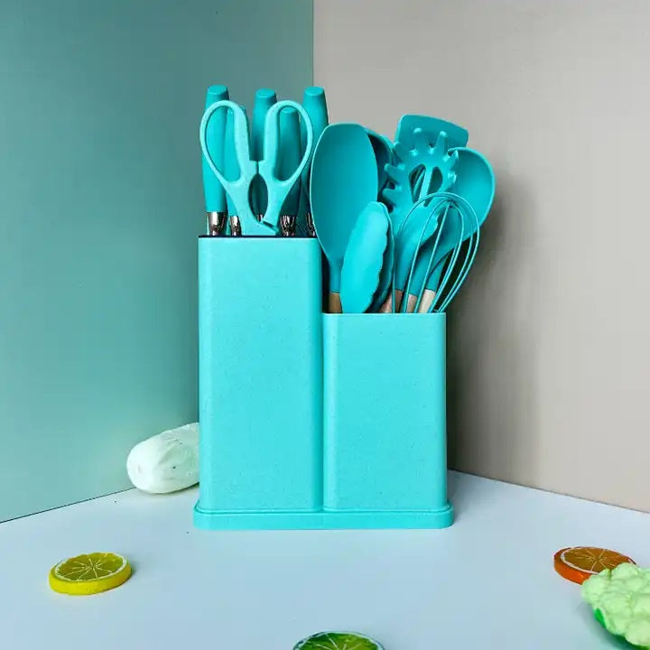 19 PCs Silicon Cooking & Knife Set With Board-Light Green cooking set Apricot