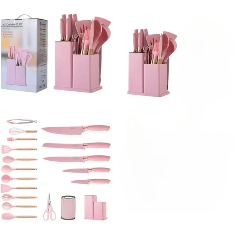 19 PCs Silicon Cooking & Knife Set With Board-13941Solid Pink cooking set Apricot