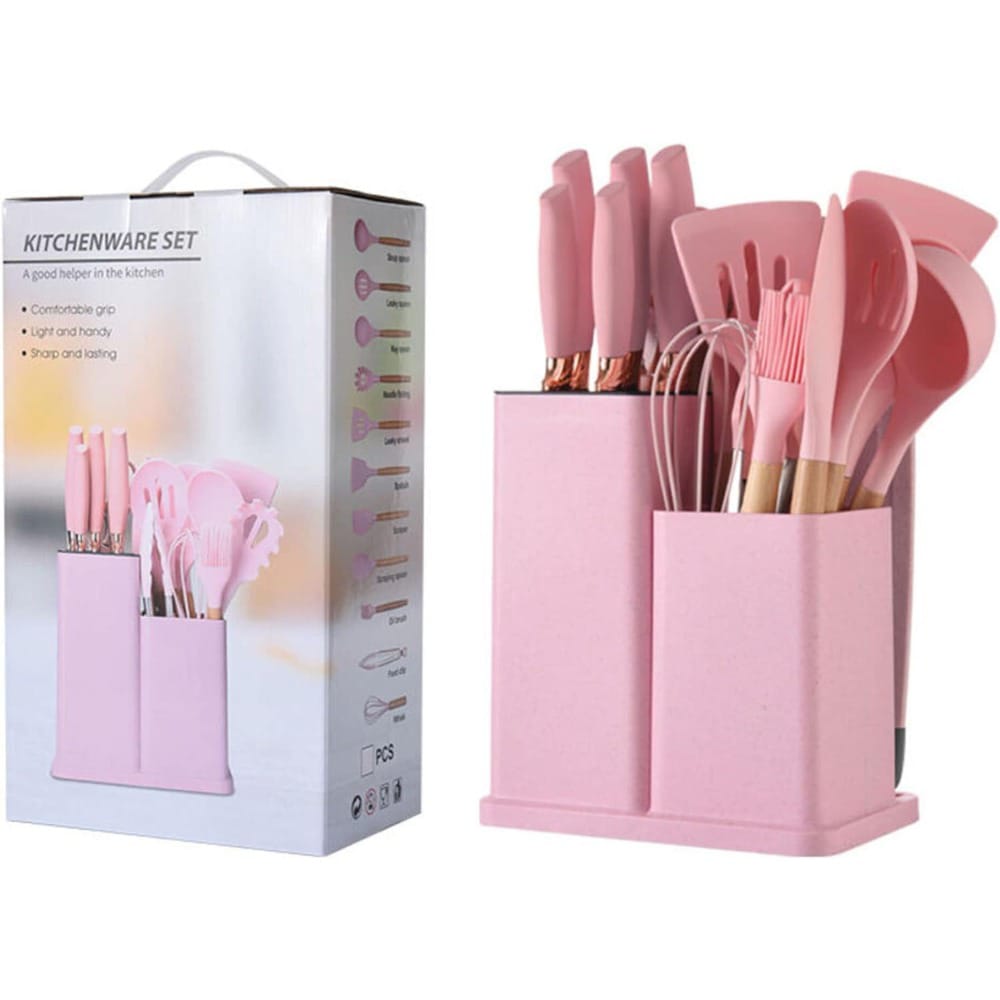 19 PCs Silicon Cooking & Knife Set With Board-13941Solid Pink cooking set Apricot