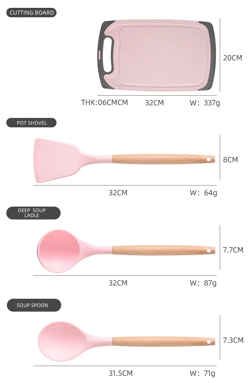 19 PCs Silicon Cooking & Knife Set With Board-13941Solid Pink cooking set Apricot