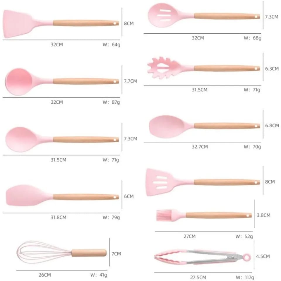 19 PCs Silicon Cooking & Knife Set With Board-13941Solid Pink cooking set Apricot