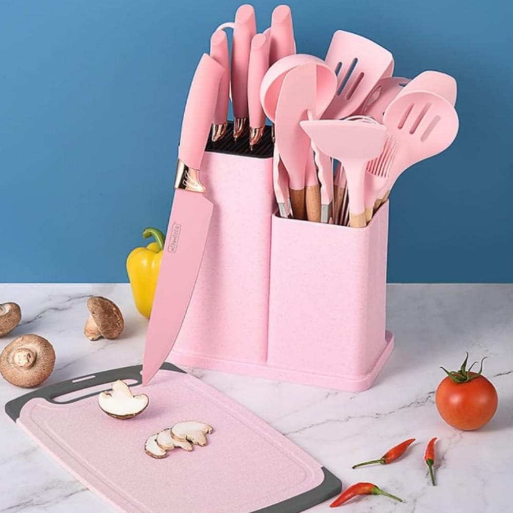 19 PCs Silicon Cooking & Knife Set With Board-13941Solid Pink cooking set Apricot