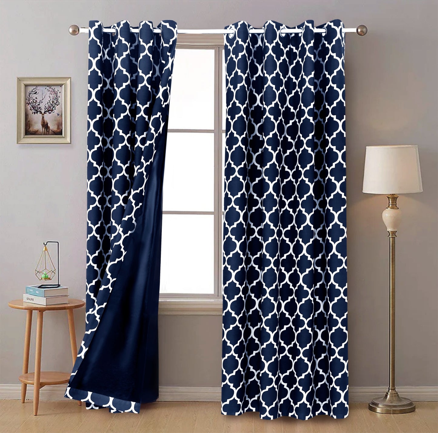 2 PCs Blackout Room Curtains-Blue Geometric Curtains Apricot
