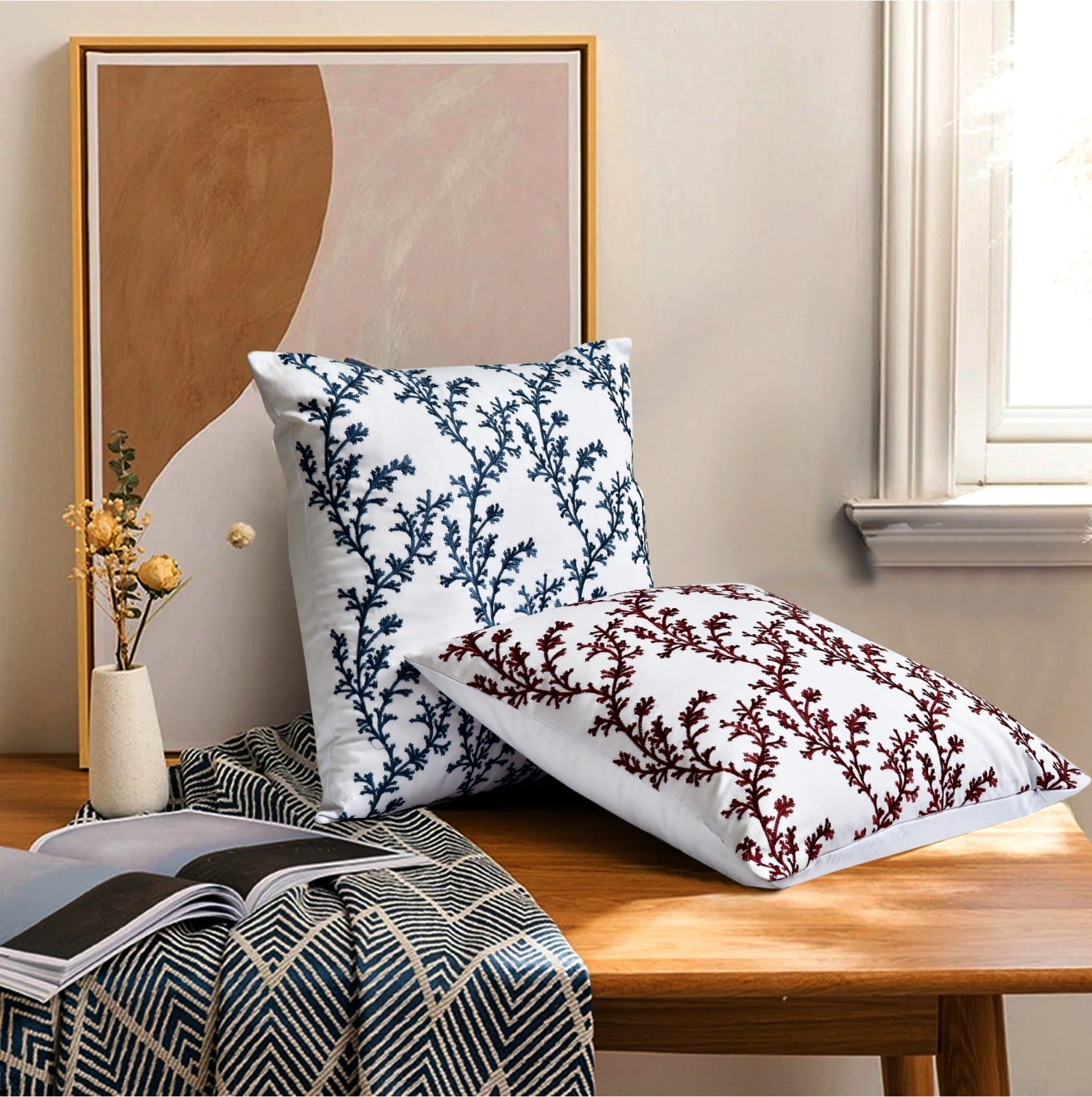 Blue embroidered cushions best sale