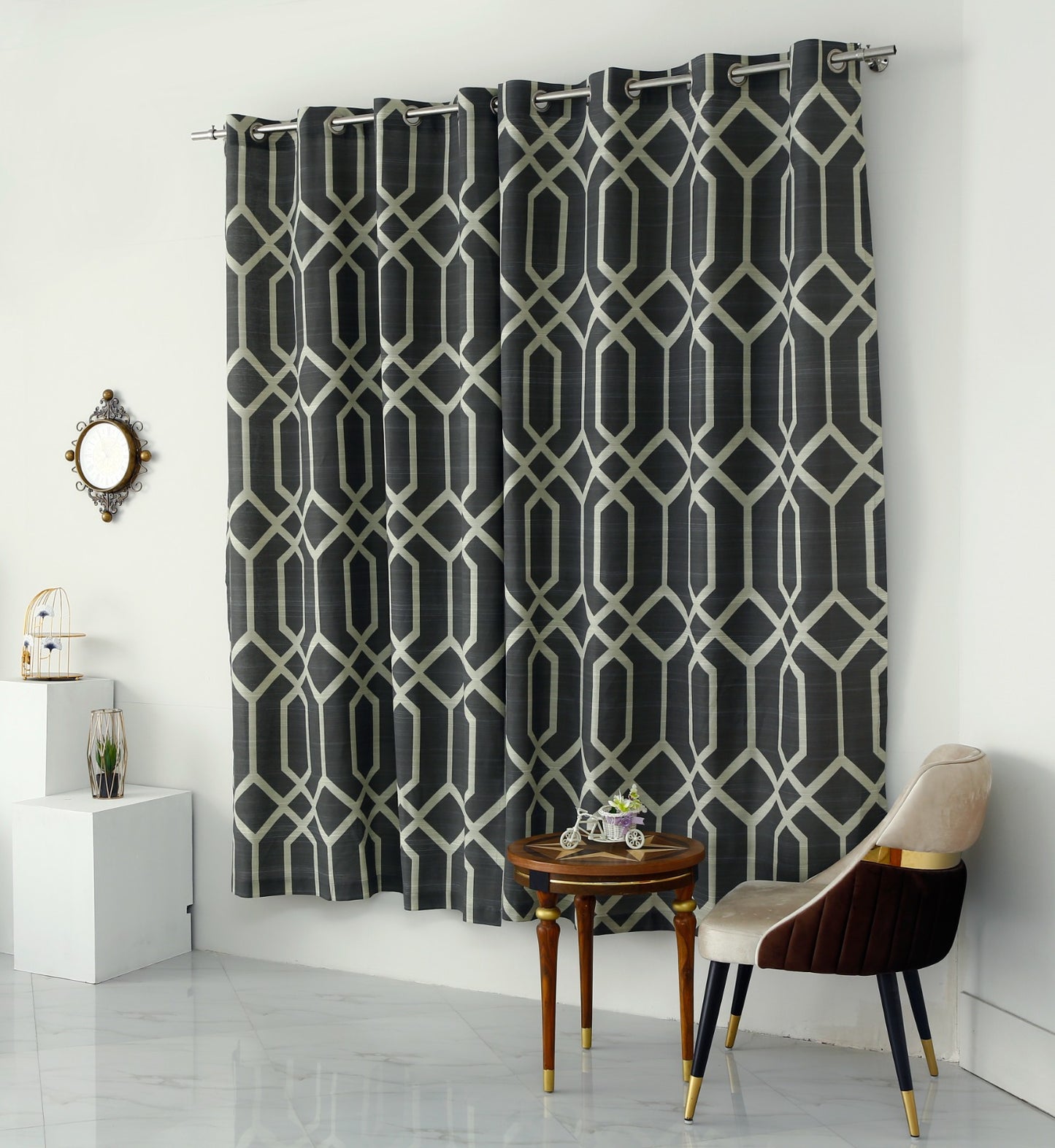 2 PCs Duck Curtains Panel-Grey Geometric Curtains Apricot