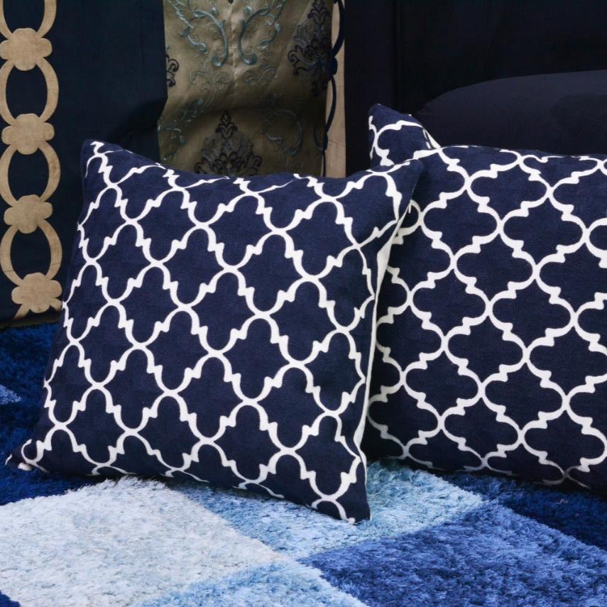 2 PCs Embroidered Cushions-(3048)Blue Geometric cushions Apricot