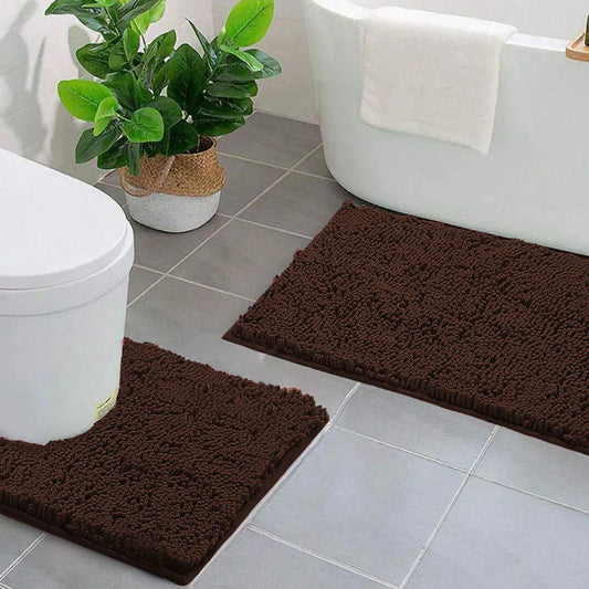 2 PCs Microfiber Anti Slip Commode Mat Set-14646Coffee Brown Bath Mats Apricot