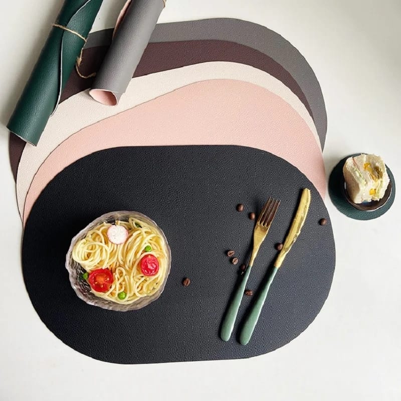 2PCs Oval Shape Leather Placemat Table Mats Apricot