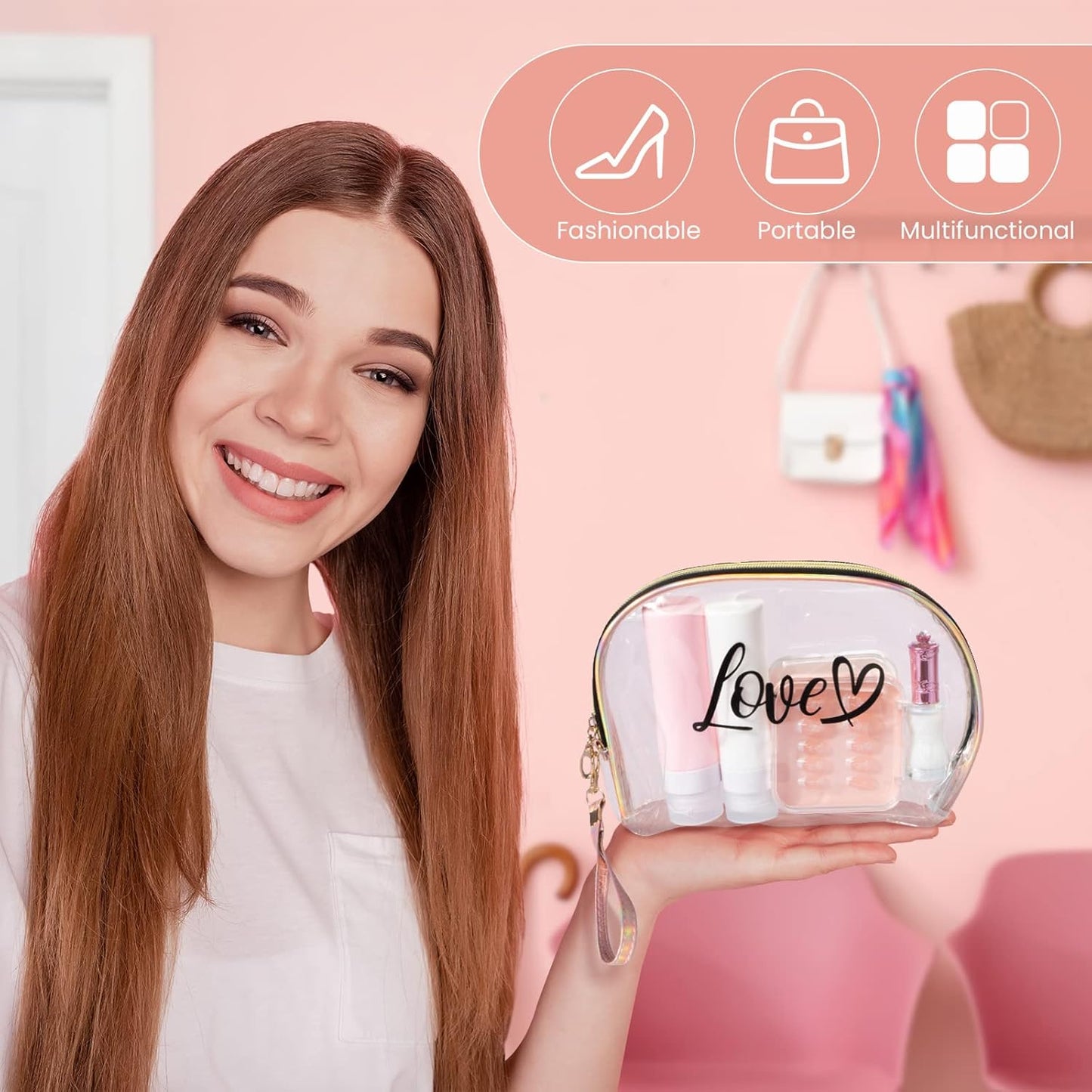 2PCs Portable Makeup Organizer Bag-LOVE(SA2405-125) Cosmetic Organizer Apricot