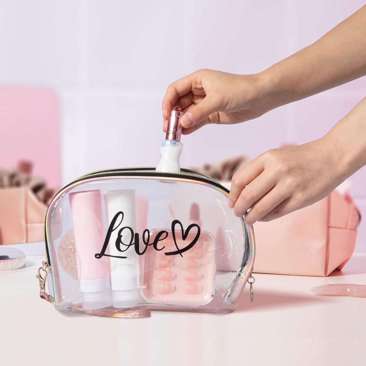 2PCs Portable Makeup Organizer Bag-LOVE(SA2405-125) Cosmetic Organizer Apricot