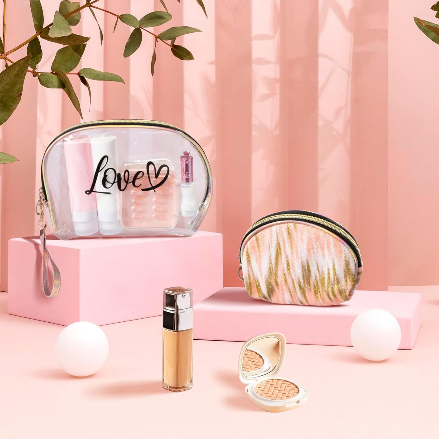 2PCs Portable Makeup Organizer Bag-LOVE(SA2405-125) Cosmetic Organizer Apricot