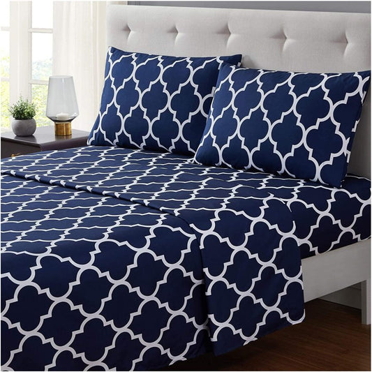 3 PCs Double Bed Sheet -Blue Geometric Bed Sheets Apricot