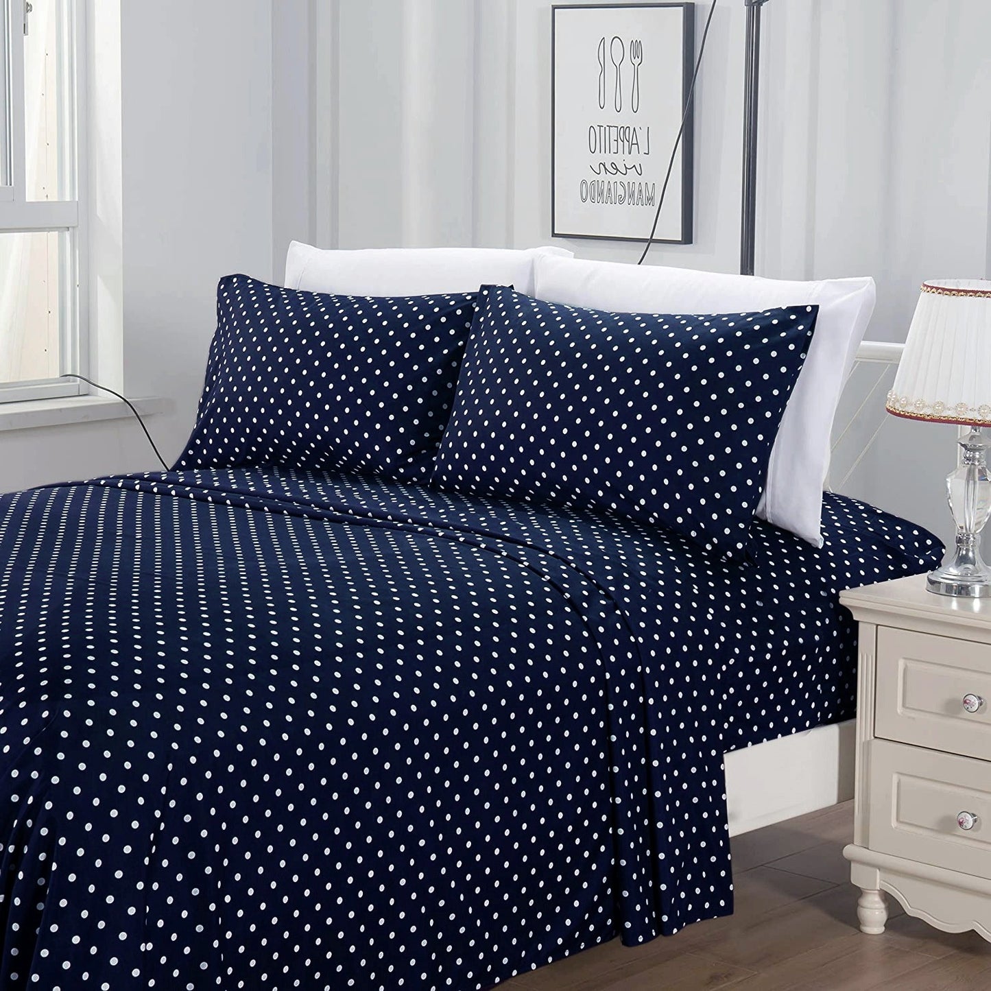 3 PCs Double Bed Sheet -Blue Polka Bed Sheets Apricot