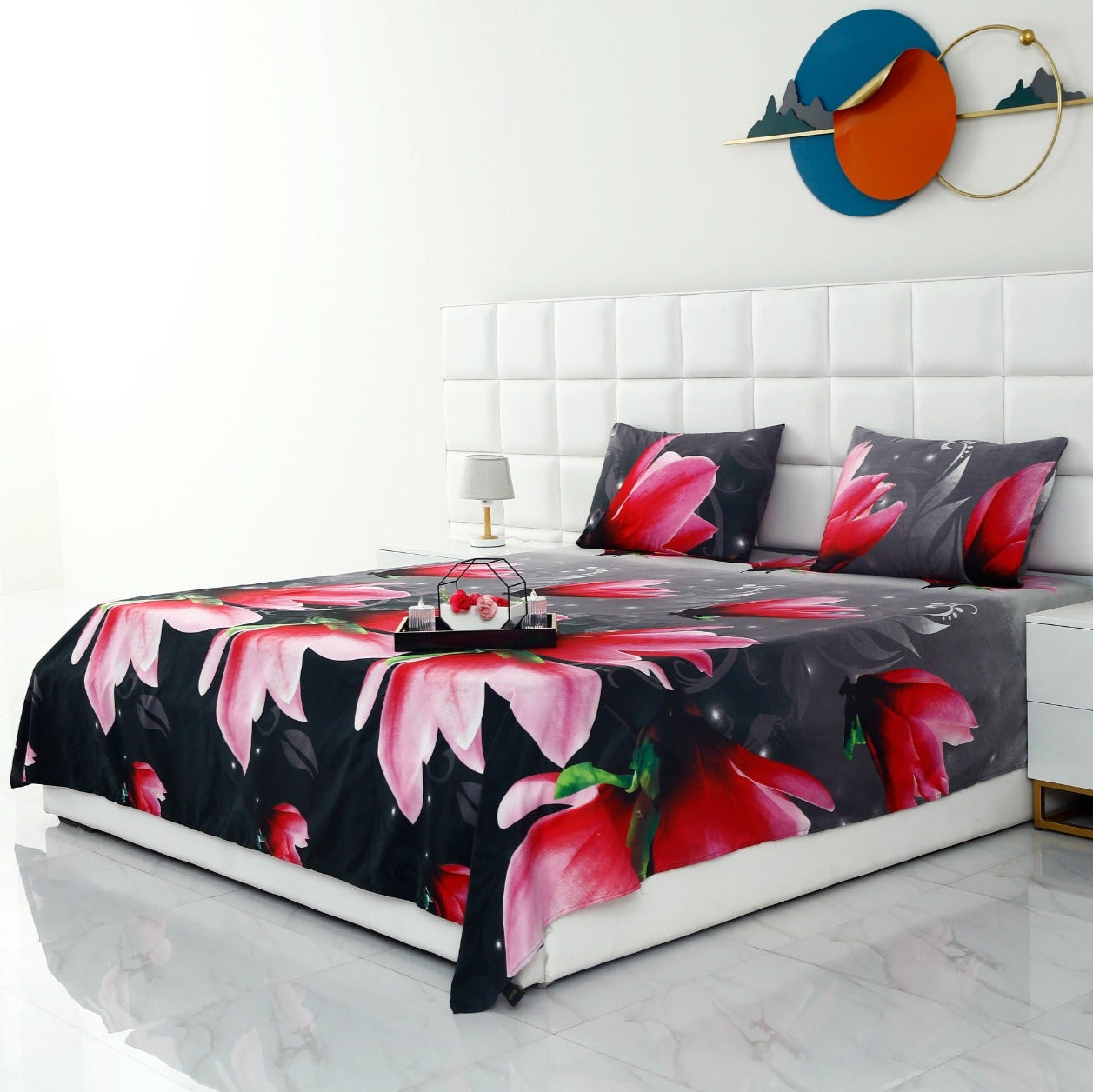 3 PCs Double Bed Sheet -14869Pink Lotus Bed Sheets Apricot