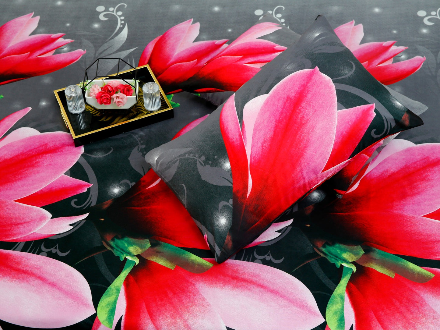 3 PCs Double Bed Sheet -14869Pink Lotus Bed Sheets Apricot