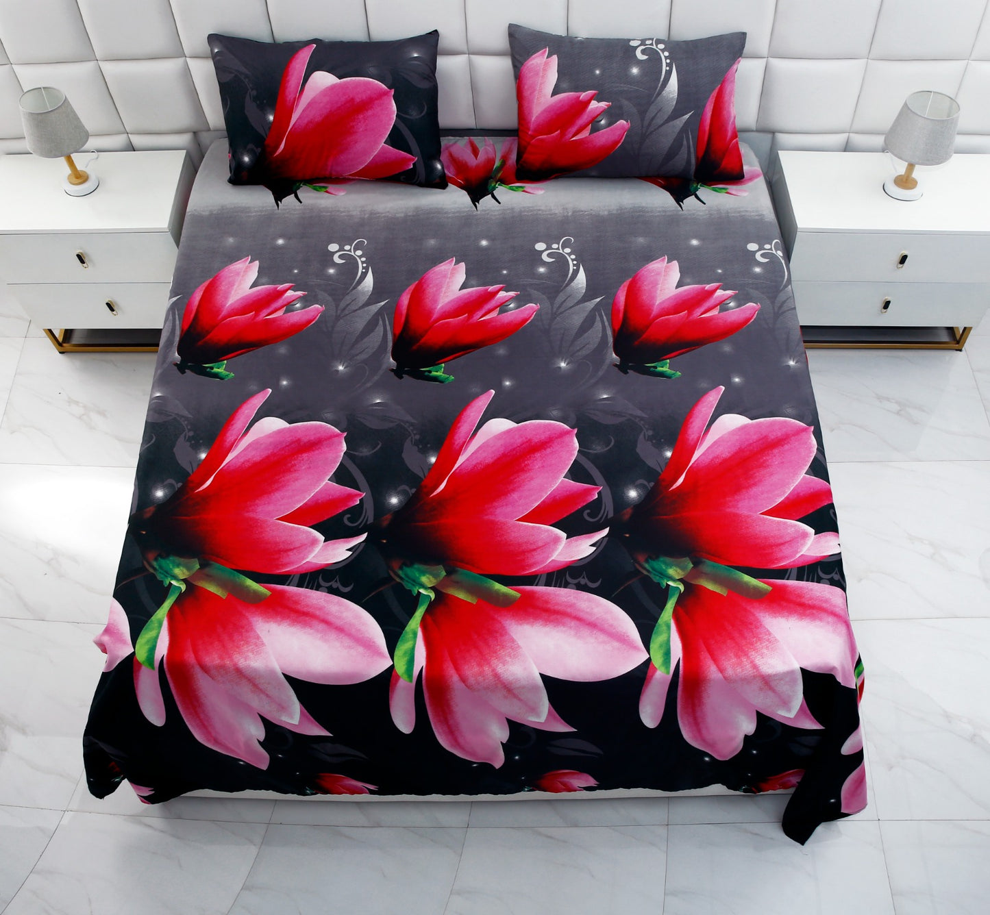 3 PCs Double Bed Sheet -14869Pink Lotus Bed Sheets Apricot