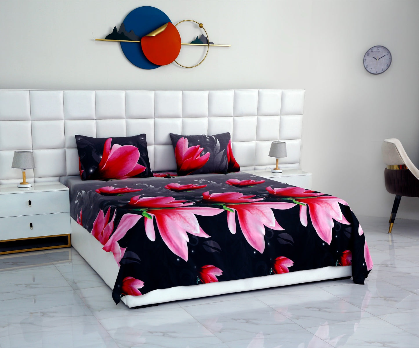 3 PCs Double Bed Sheet -14869Pink Lotus Bed Sheets Apricot