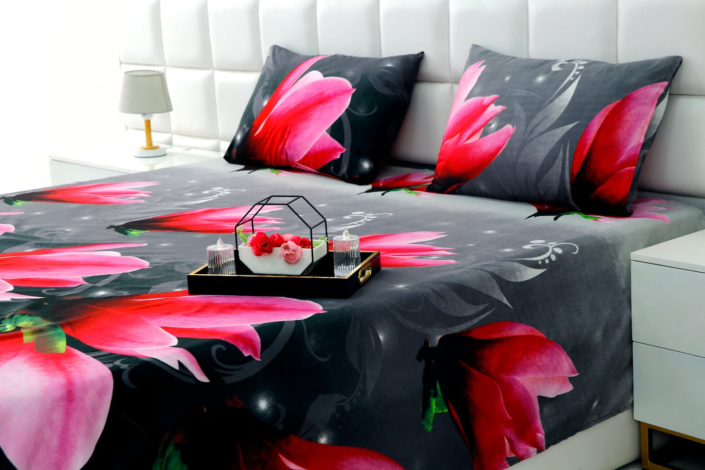 3 PCs Double Bed Sheet -14869Pink Lotus Bed Sheets Apricot
