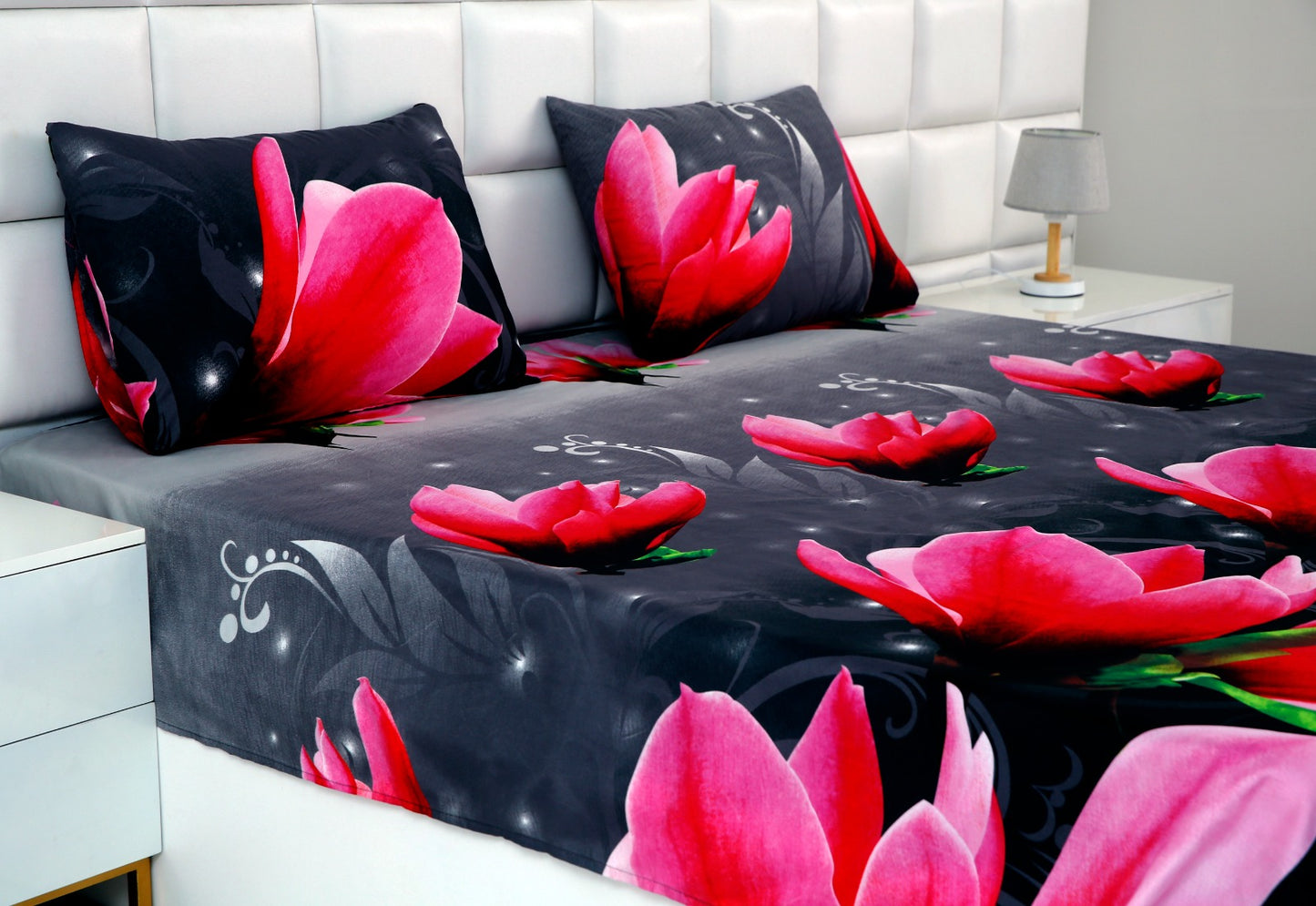 3 PCs Double Bed Sheet -14869Pink Lotus Bed Sheets Apricot