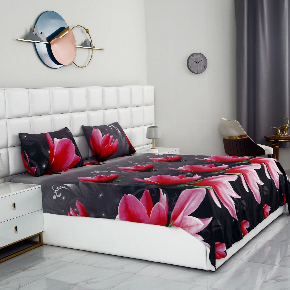 3 PCs Double Bed Sheet -14869Pink Lotus Bed Sheets Apricot