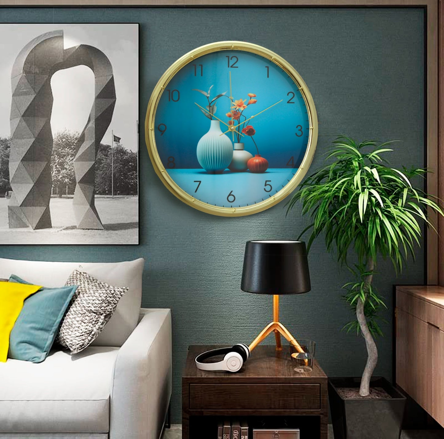 30 Cm Wall Clock SA2311-18-Multi Vases Clock Apricot