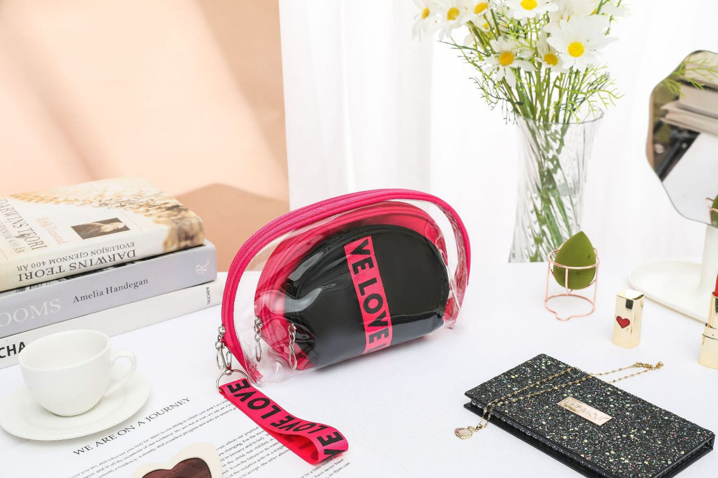 3Pcs Waterproof Portable Makeup Organizer Bag-LOVE(SA2405-113) Cosmetic Organizer Apricot Pink