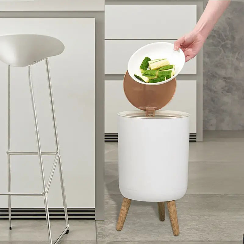 Indoor trash Bin With Wooden Feets-SA2408-108 Bathroom Accessory Sets Apricot