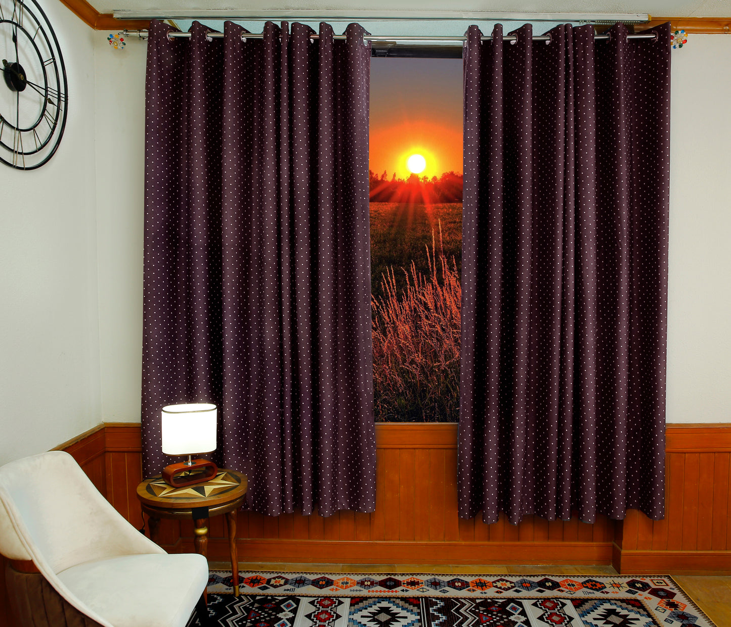 2 PCs Blackout Room Curtains-Plum Polka Curtains Apricot