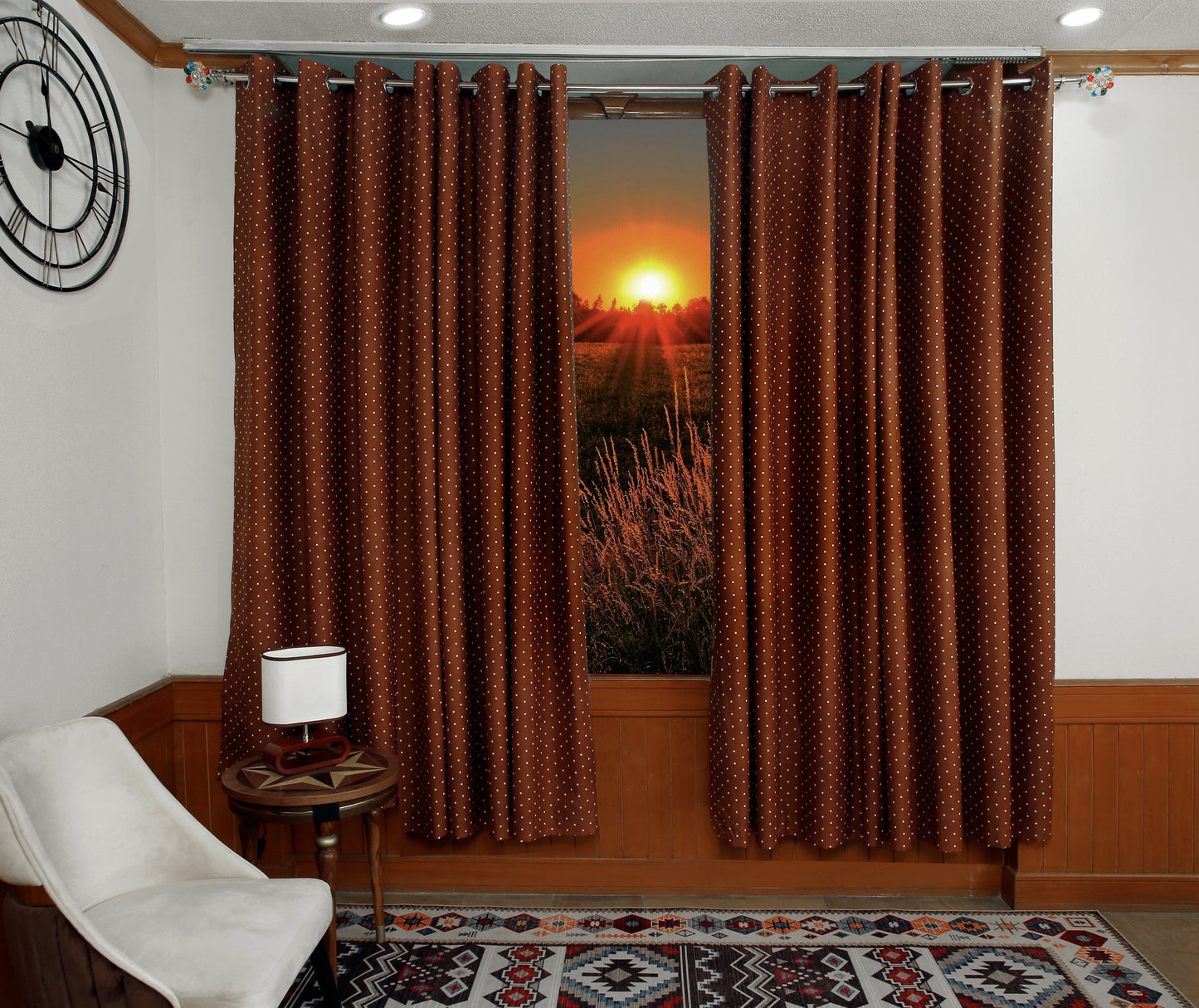 2 PCs Blackout Room Curtains-Brown Polka Curtains Apricot