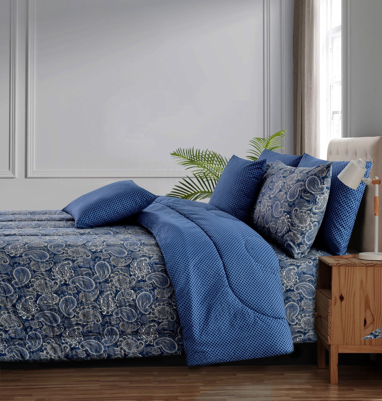 5 PCs Single Comforter Set-Blue Paisley Apricot