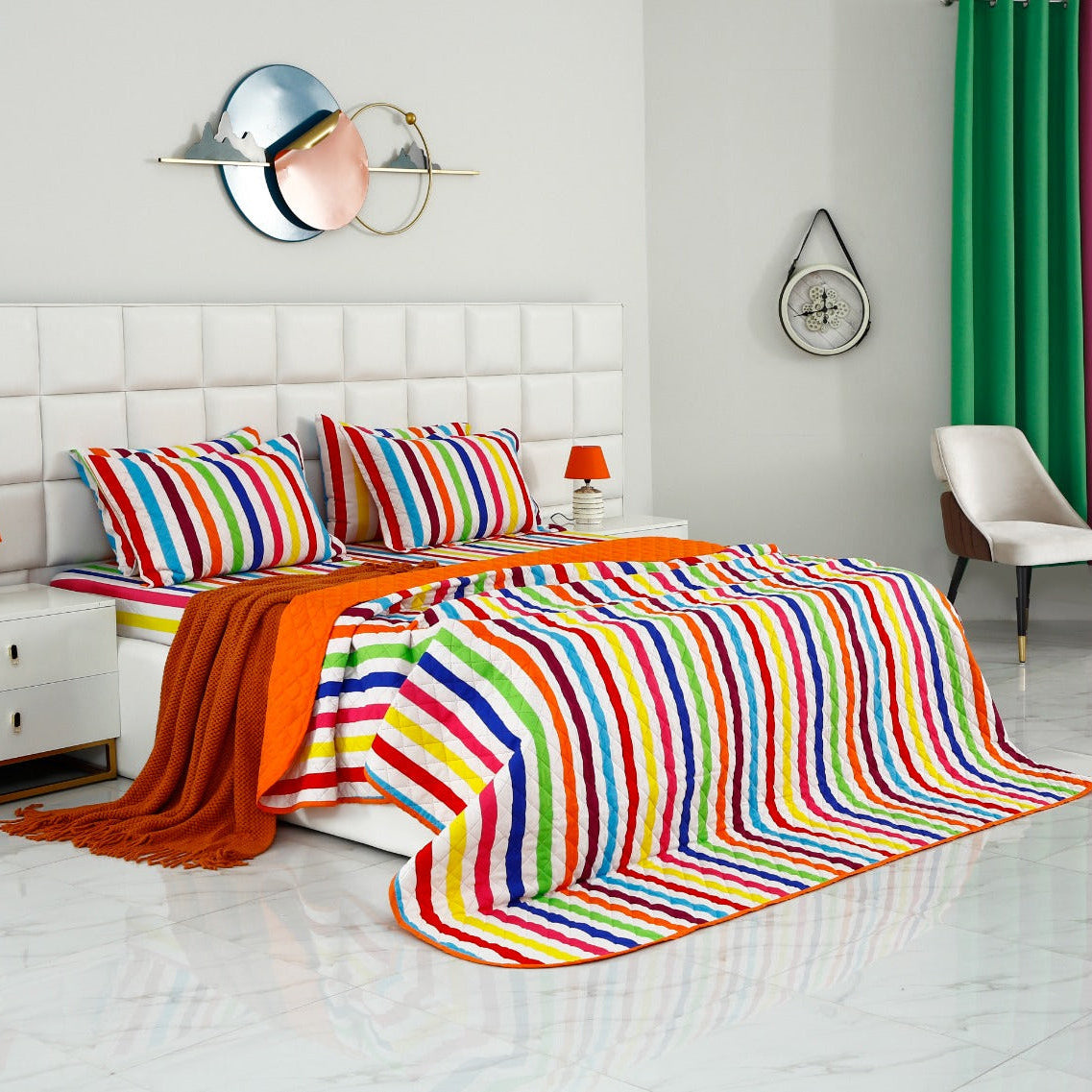 6 PCs Bed Spread Set-Multi Stripe(Orange) Bed Spread Apricot