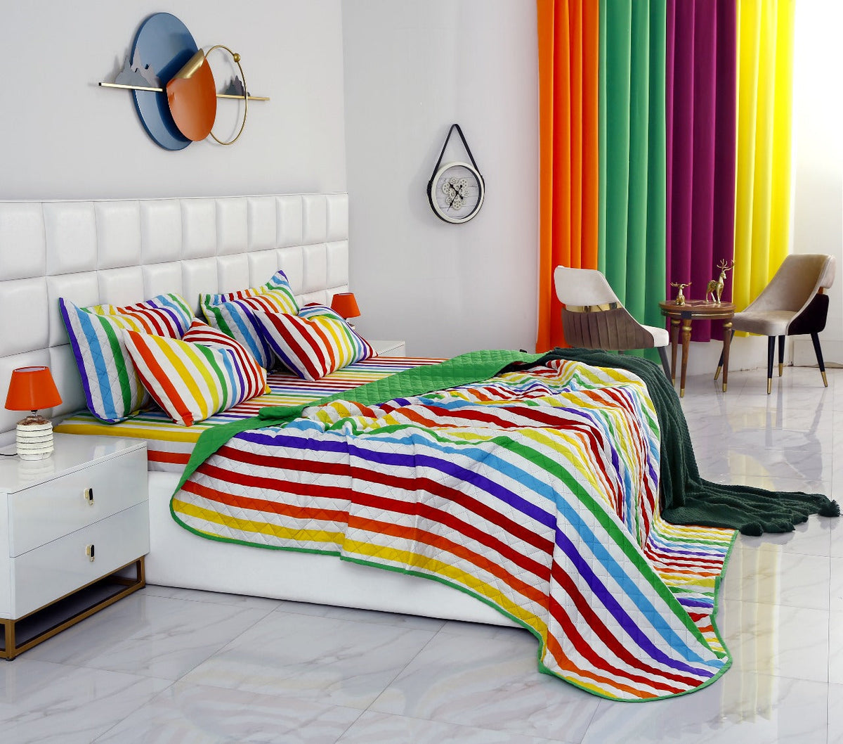 6 PCs Bed Spread Set-Multi Stripe(Parrot) Bed Spread Apricot