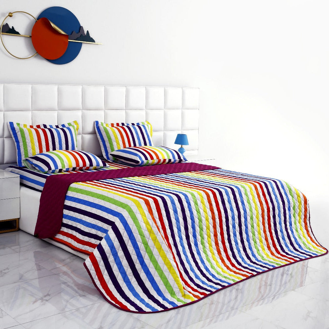 6 PCs Bed Spread Set-Multi Stripe(Plum) Bed Spread Apricot