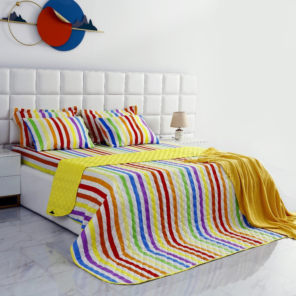 6 PCs Bed Spread Set-Multi Stripe(Yellow) Bed Spread Apricot