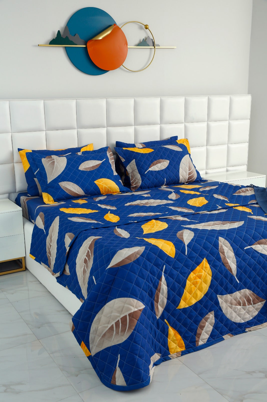 6 PCs Printed Bed Spread Set-Blue Oasis Bed Spread Apricot