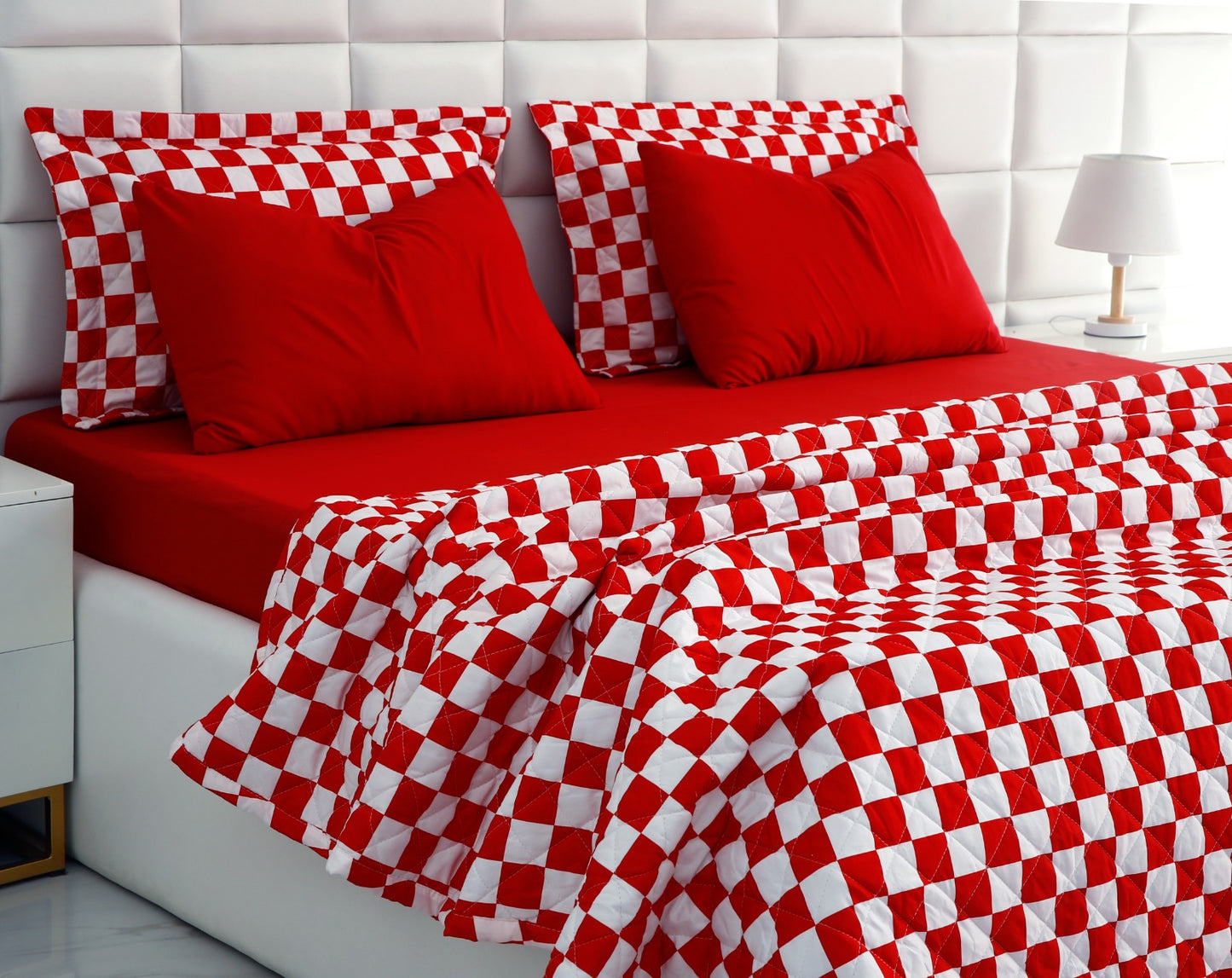 6 PCs Printed Bed Spread Set-Red Chess Bed Spread Apricot