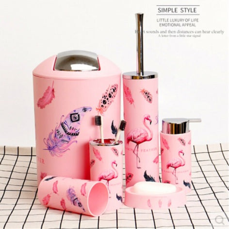6 Pcs Printed Bathroom Accessory Set Bathroom Accessory Sets Apricot