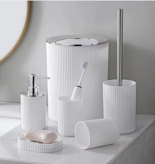 6 Pcs Printed Bathroom Accessory Set-White with Sliver Lid Bathroom Accessory Sets Apricot