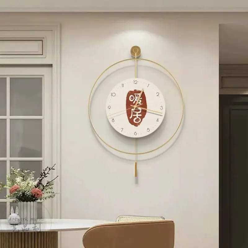 60Cm Chinese Pattern Wall Clock-With Pendulum Clock Apricot
