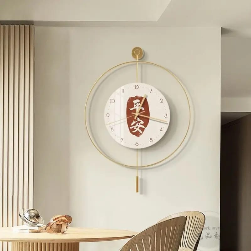 60Cm Chinese Pattern Wall Clock-With Pendulum Clock Apricot