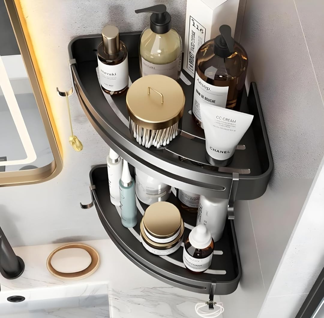 Black Aluminium Corner Bathroom Shelf-SA2408-138 Bathroom Accessory Sets Apricot