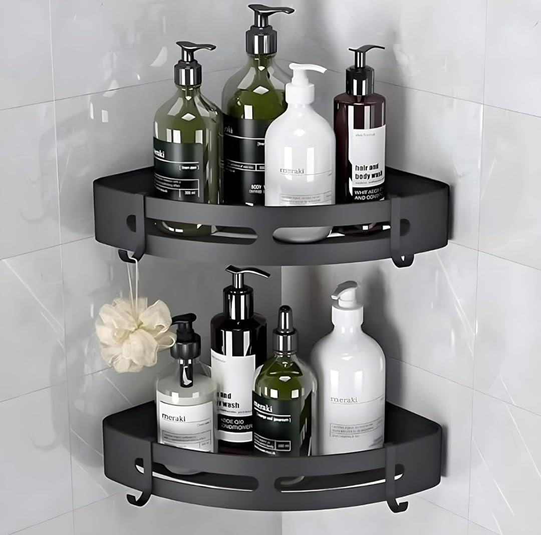 Black Aluminium Corner Bathroom Shelf-SA2408-138 Bathroom Accessory Sets Apricot