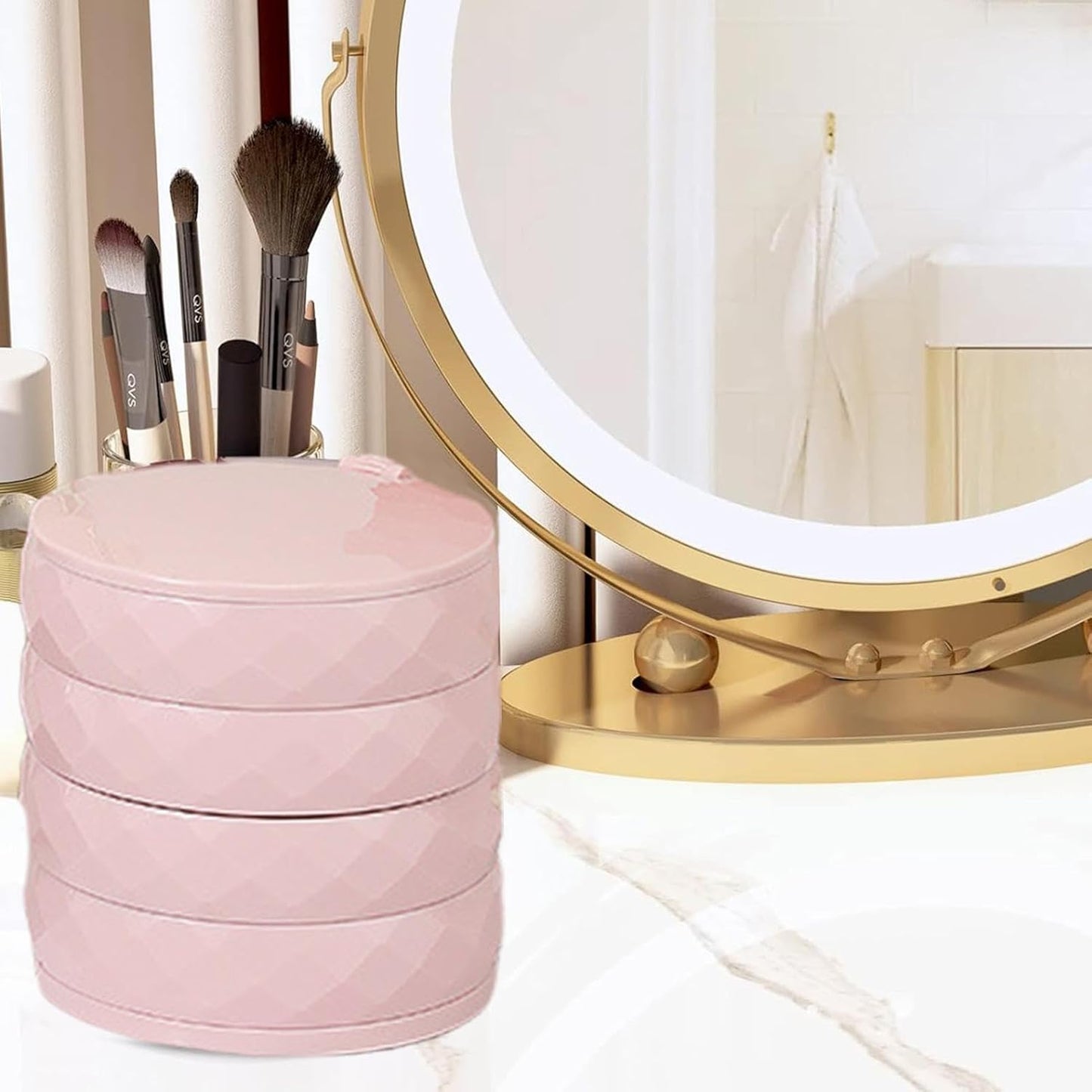 360° Rotatable Jewelry Organizer With Mirror-SA2411-51(Pink) Cosmetic Organizer Apricot