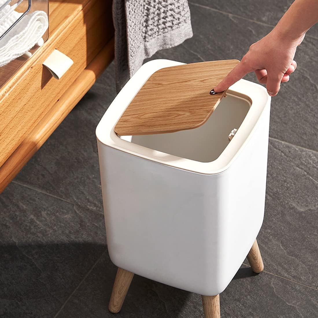 Indoor trash Bin With Wooden Feets-SA2408-110 Bathroom Accessory Sets Apricot