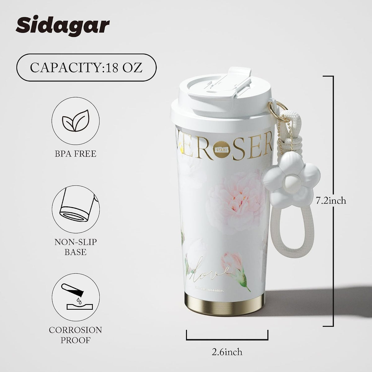 Stainless Steel Flower Coffee Mug- WHITE(WITH Charm) Tumbler Apricot